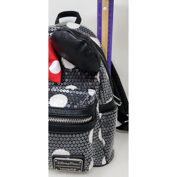 Loungefly Disney Parks Minnie Mouse Sequined Black Polka-Dot Backpack Mouse Ears - Picture 13 of 15